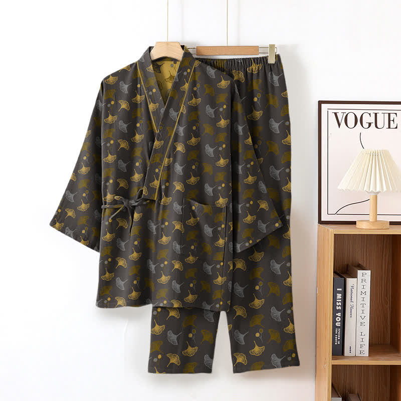 Ginkgo Organic Cotton Kimono Loungewear Set - Grey & Yellow - XL - image 11