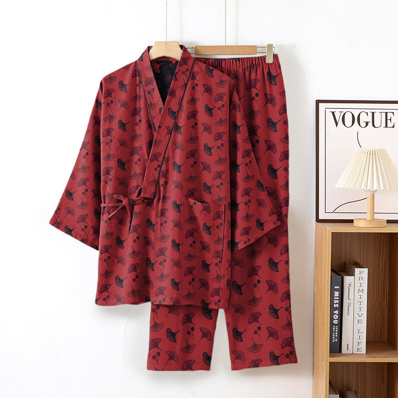 Ginkgo Organic Cotton Kimono Loungewear Set - Red & Black - XL - image 8