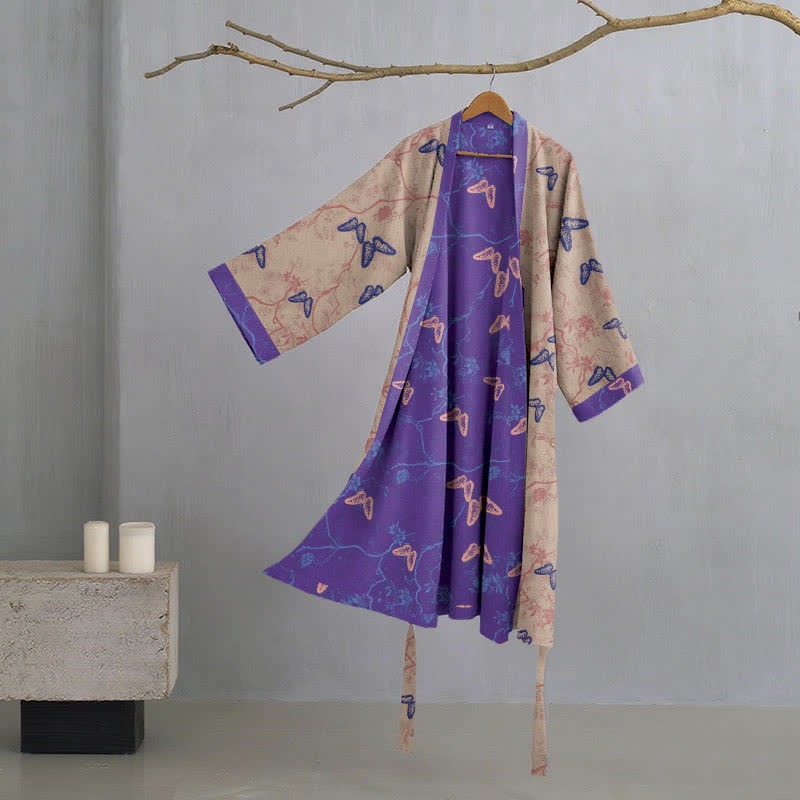 Butterfly Cotton Gauze Kimono Robe - Brown - XL - image 7