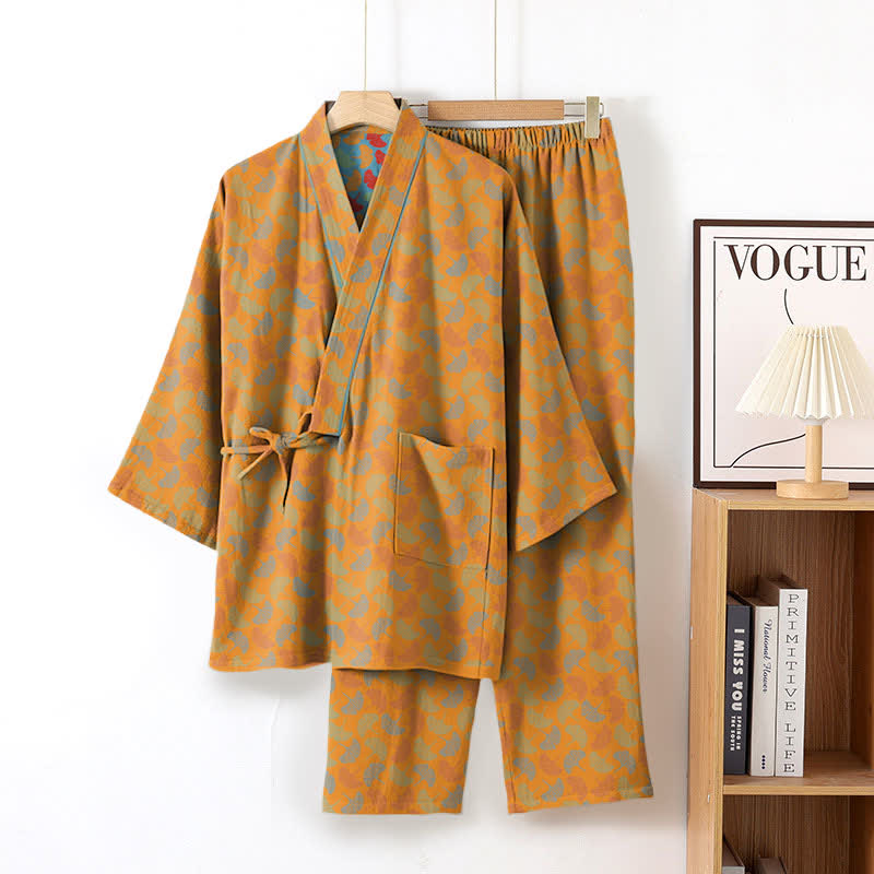 Ginkgo Leaf Cotton Kimono Loungewear Set - Orange - XL - image 5