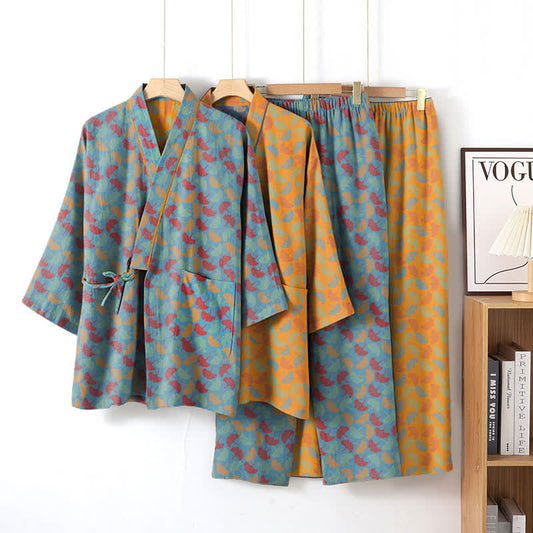 Ginkgo Leaf Cotton Kimono Loungewear Set - image 0