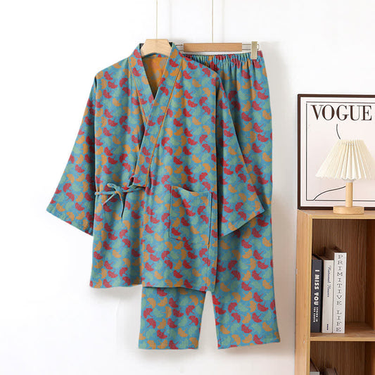 Ginkgo Leaf Cotton Kimono Loungewear Set - Blue - XL - image 1