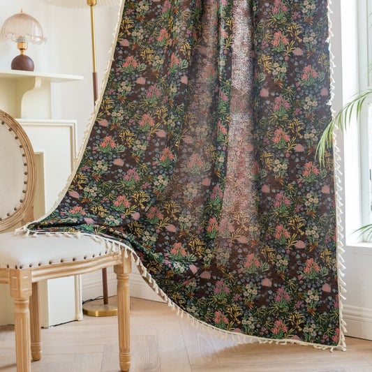 Retro Floral Branch Leaf Tassel Curtain - Rod Pocket - 59" x 102" - image 1