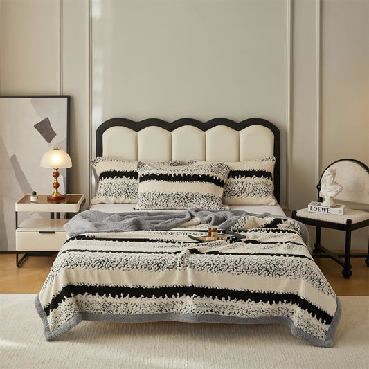 Double Layer Striped Print Sherpa Blanket - Beige - 79"W x 90"L - image 2