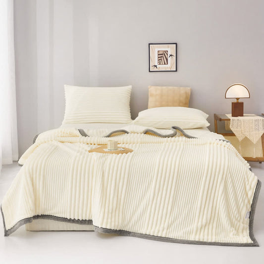 Solid Color Striped Plush Throw Blanket - White - Queen - image 1