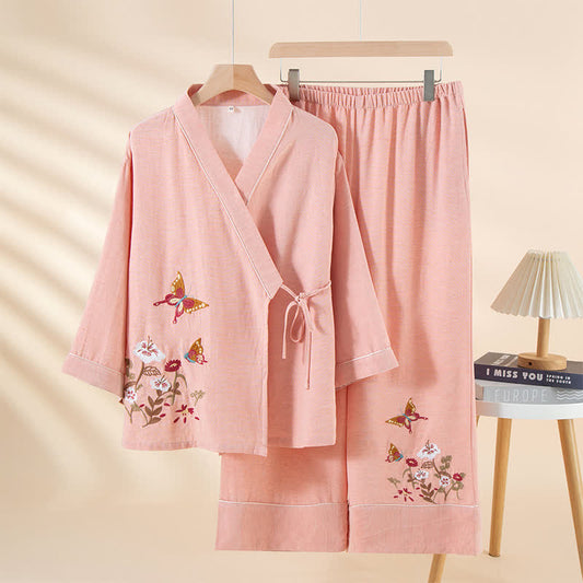 Butterfly Floral Embroidered Kimono Loungewear Set - Pink - XL - image 2