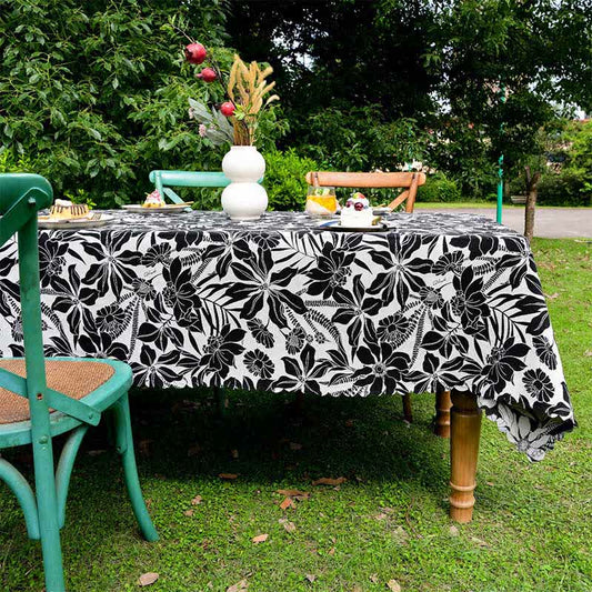 Vintage Black Floral Scalloped Edge Tablecloth - 55" x 102" - image 1