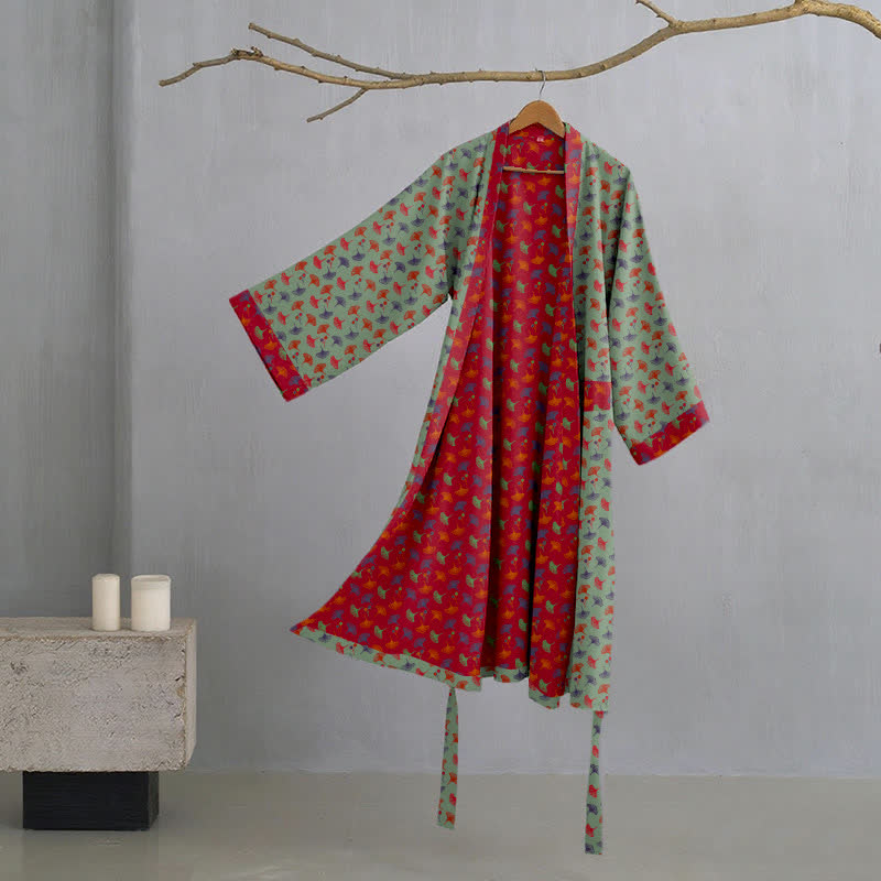 Two-Tone Ginkgo Cotton Gauze Kimono Robe - Green & Red - 2XL - image 14