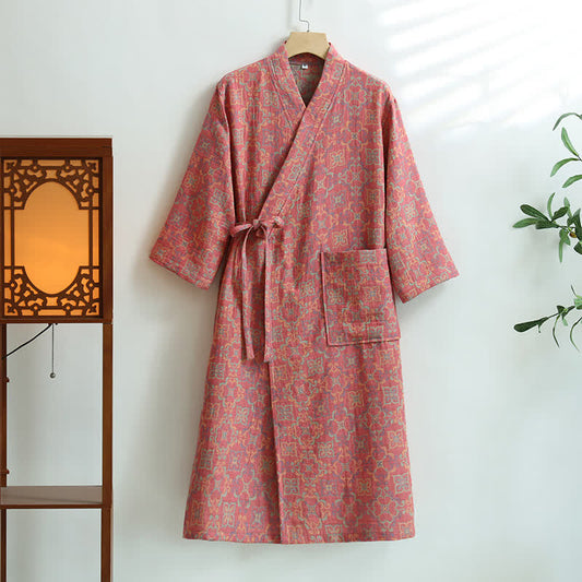Vintage Floral Cotton Gauze Pocket Bathrobe - Pink - XL - image 1