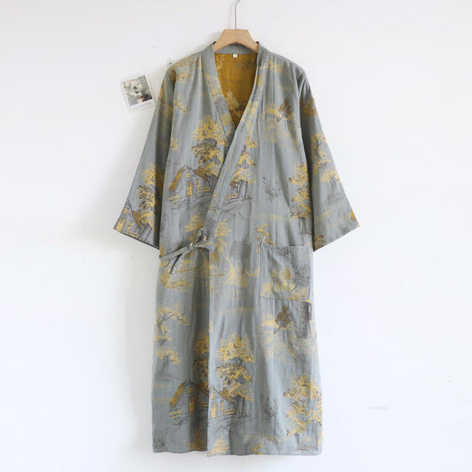 Unisex Landscape Cotton Gauze Bathrobe - Light Gray - XL - image 1