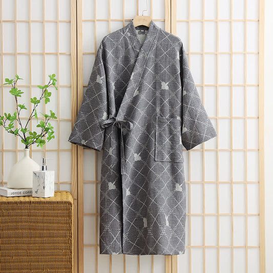Unisex Diamond Plaid Cotton Pocket Bathrobe - Grey - XL - image 1