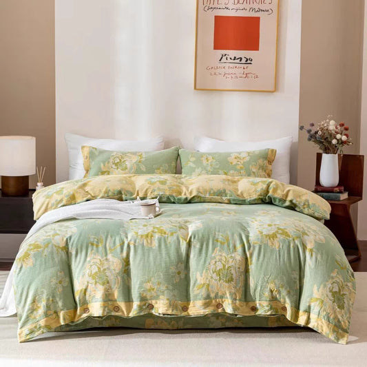 Reversible Floral Cotton Gauze Button Bedding Set (4PCS) - Green&Yellow - King - image 0