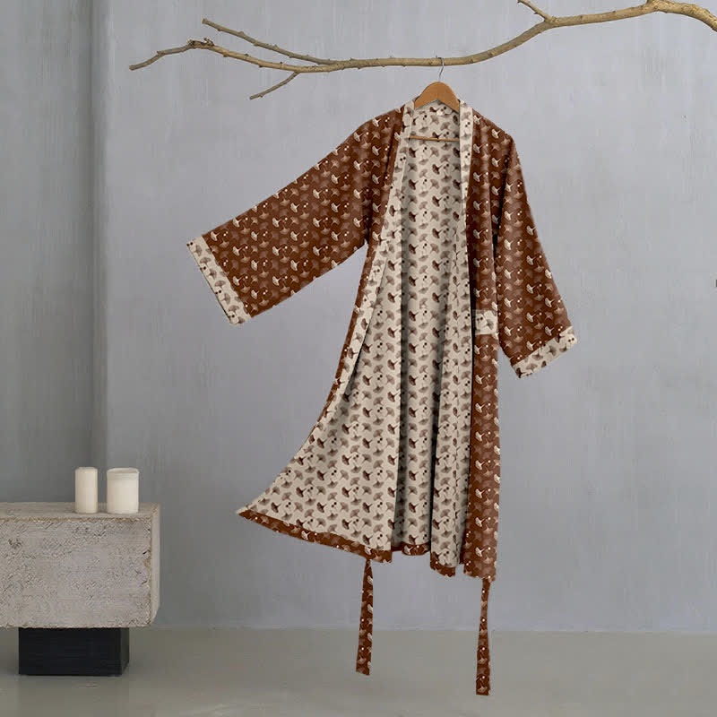 Two-Tone Ginkgo Cotton Gauze Kimono Robe - Coffee & Beige - XL - image 16