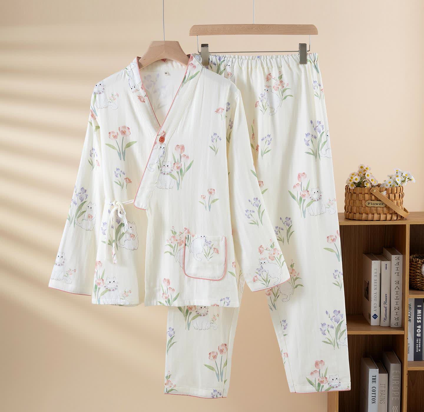 Cotton Gauze Floral Cat Kimono Pajamas - Beige - 2XL - image 3