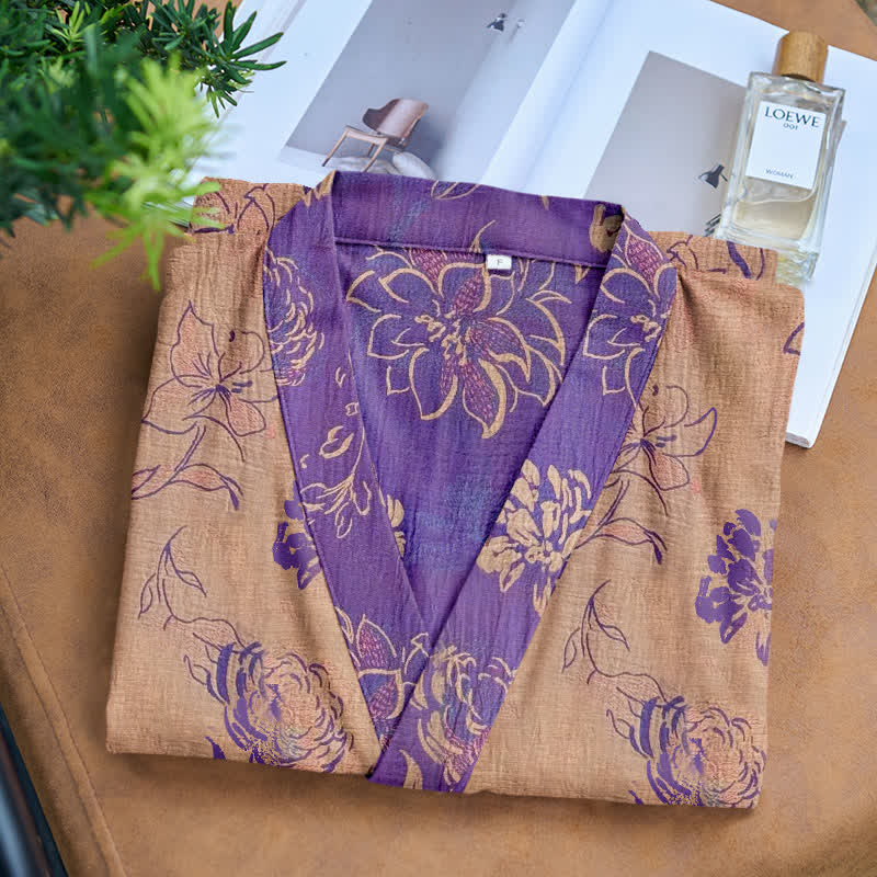 Two-Tone Peony Cotton Gauze Kimono Robe - image 8