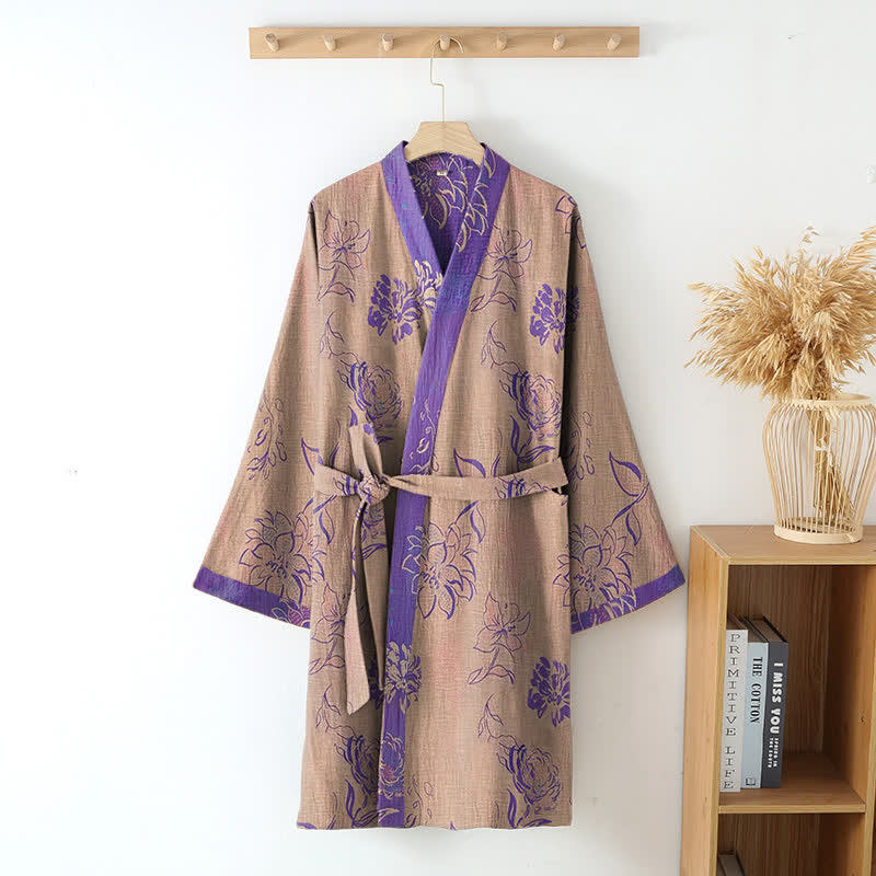 Two-Tone Peony Cotton Gauze Kimono Robe - image 7