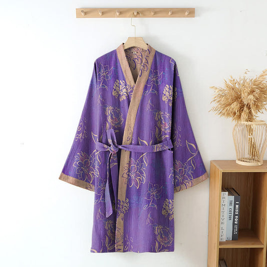 Two-Tone Peony Cotton Gauze Kimono Robe - image 1