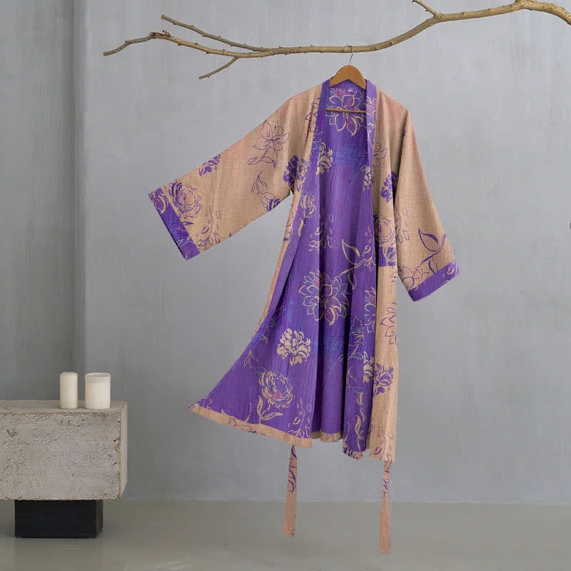 Two-Tone Peony Cotton Gauze Kimono Robe - Grey Pink - XL - image 6