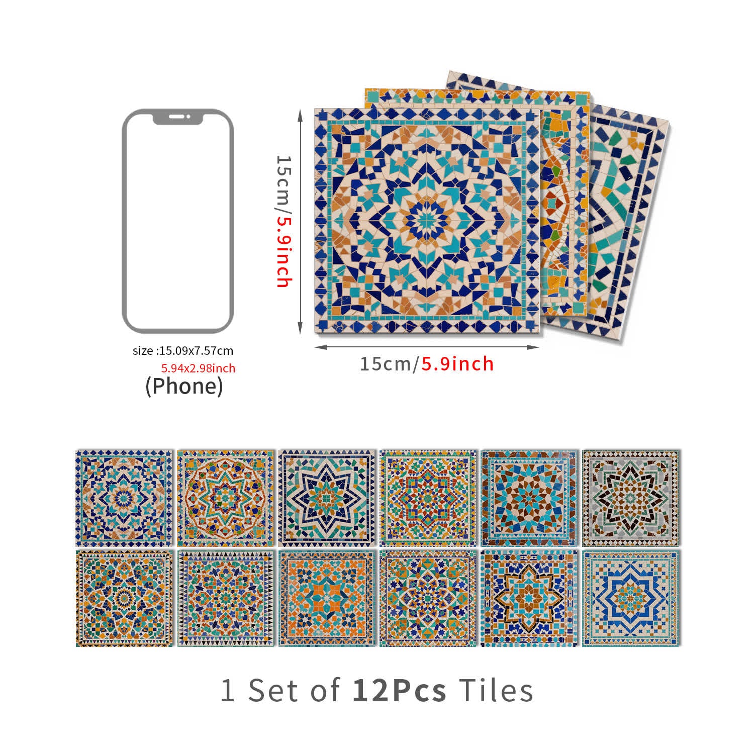 PET Foam Moroccan Mosaic Tile Wall Decals - 12PCS - 6" x 6" - image 7