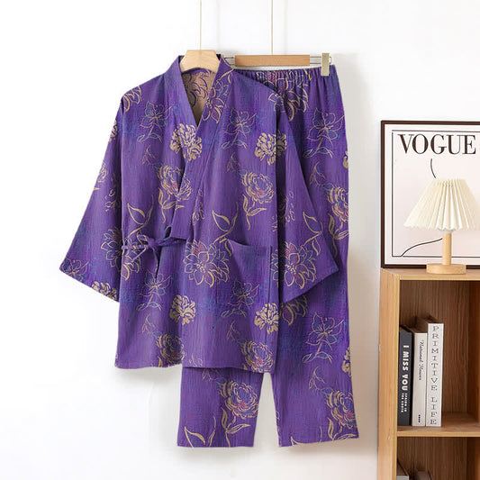 Peony Cotton Gauze Kimono Loungewear Set - Purple - XL - image 1