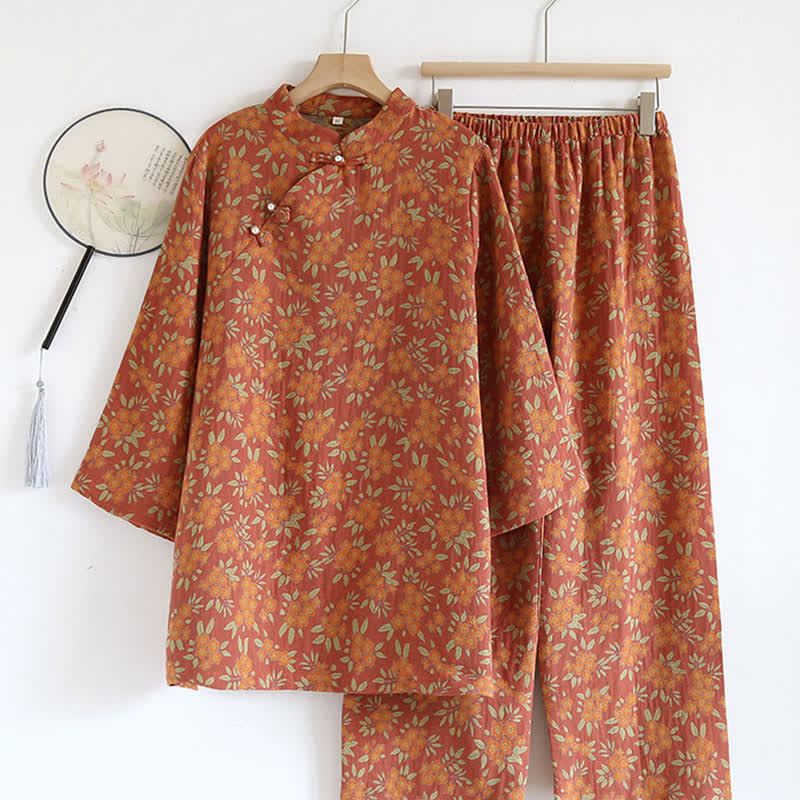 Orange Floral Jacquard Cotton Gauze  Pajamas - XL - image 0