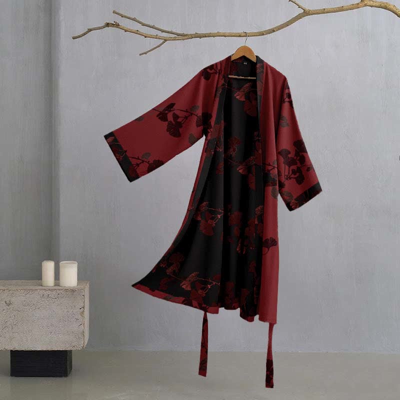 Large Ginkgo Leaf Cotton Kimono Robe - Red & Black - 2XL - image 16