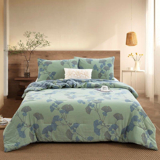 Ginkgo Leaf Cotton Gauze Reversible Bedding - Quilt with 2pcs Pillowcases - Green - King - image 0