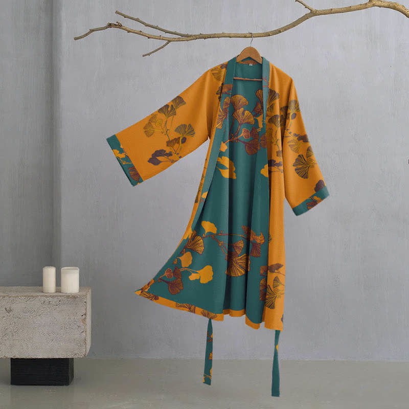 Large Ginkgo Leaf Cotton Kimono Robe - Yellow & Green - XL - image 8