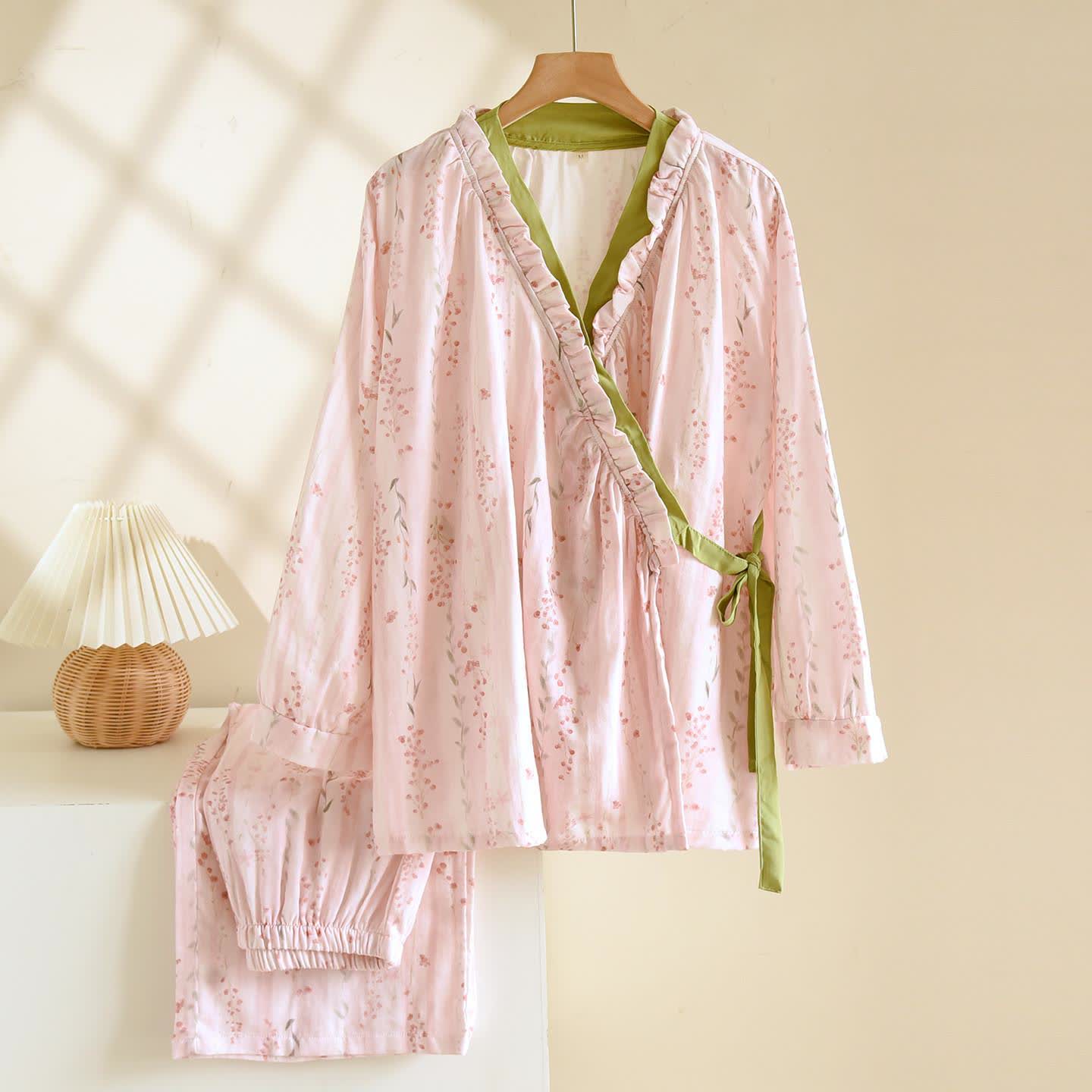 Pink Striped Floral Kimono Loungewear Set - XL - image 0