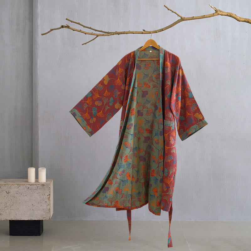 Ginkgo Biloba Cotton Gauze Kimono Robe - Wine - 2XL - image 13