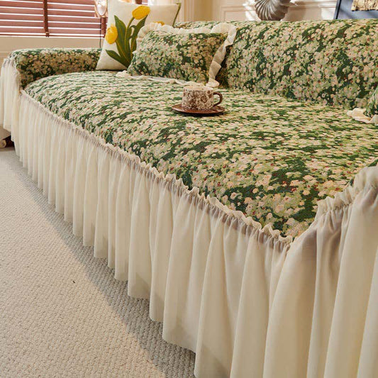 Green Floral Ruffled Sofa Protector - 71" x 134" - image 0