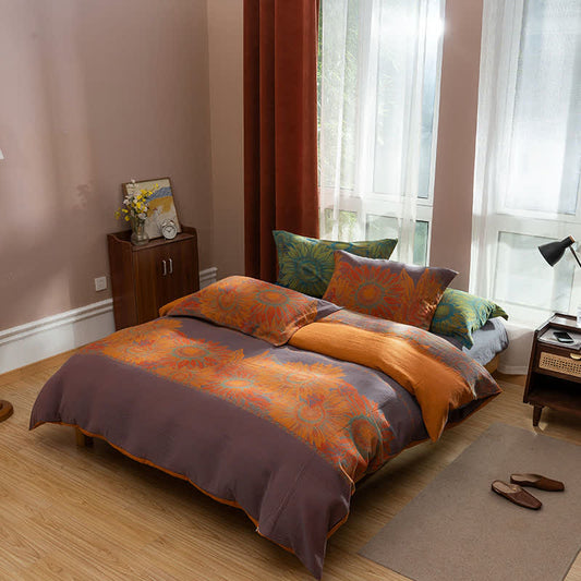 Pastoral Sunflower Jacquard Cotton Bedding Set(4PCS) - Purple & Orange - King - image 1