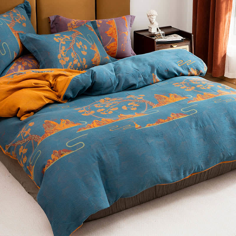 Landscape Jacquard Cotton Reversible Bedding Set(4PCS) - Blue & Orange - King - image 6