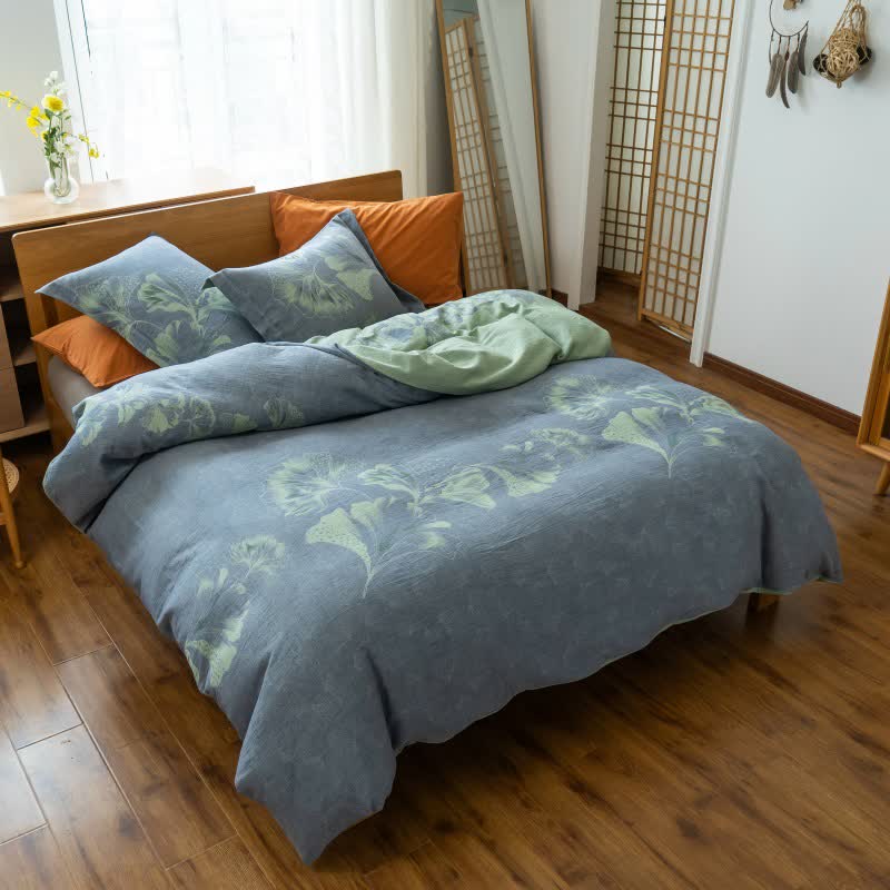 Ginkgo-inspired Cotton Gauze Bedding Set(4pcs) - Light Blue - King - image 24
