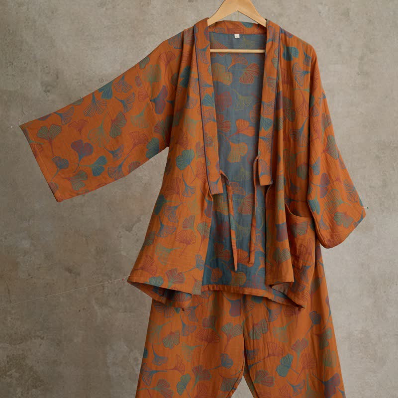 Ginkgo Cotton Gauze Kimono Loungewear Set - Orange - XL - image 10