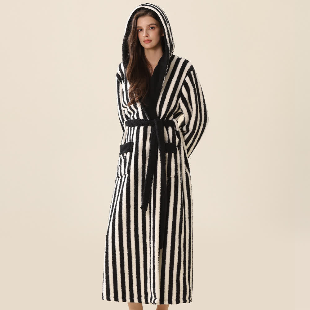 Unisex Striped Hooded Fleece Warm Robe - Black & White - XL - image 4