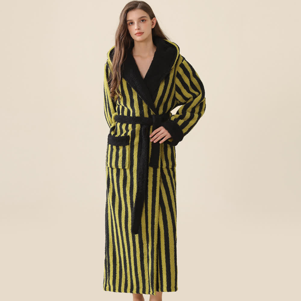 Unisex Striped Hooded Fleece Warm Robe - Black & Green - XL - image 6