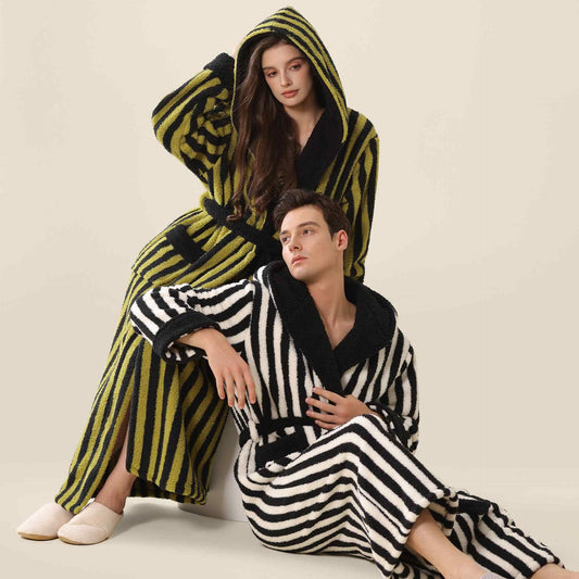 Unisex Striped Hooded Fleece Warm Robe - image 1