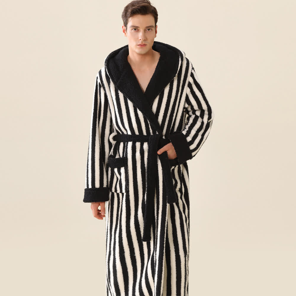 Unisex Striped Hooded Fleece Warm Robe - image 5