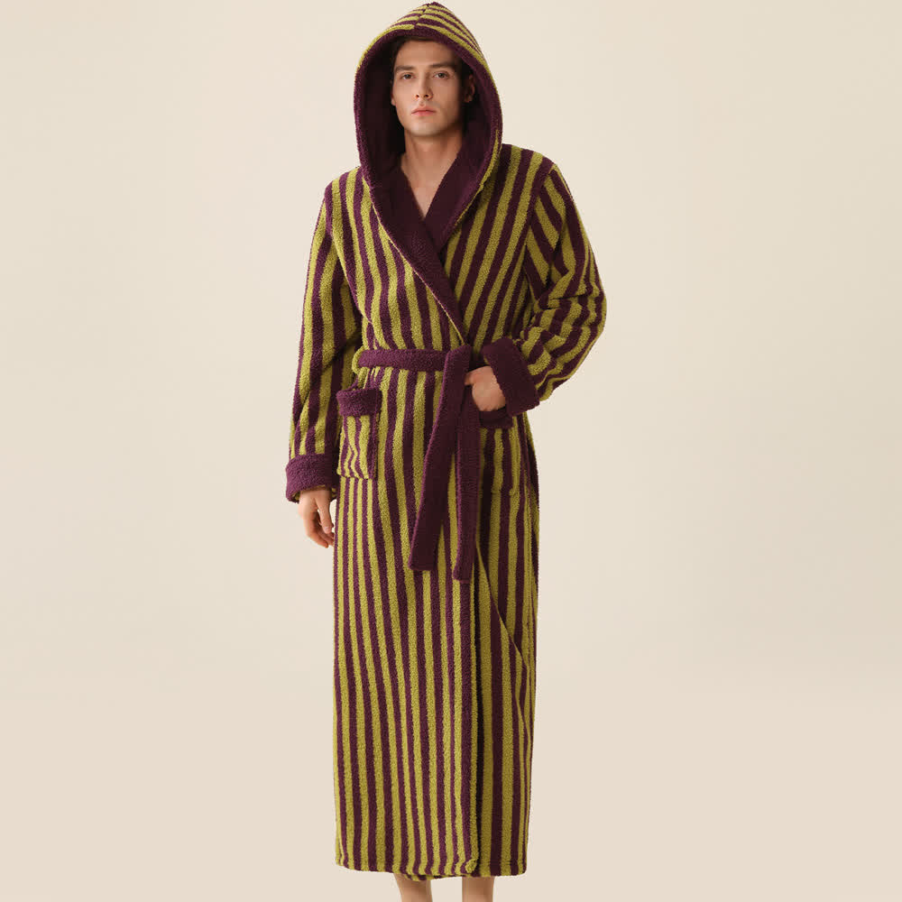 Unisex Striped Hooded Fleece Warm Robe - image 9