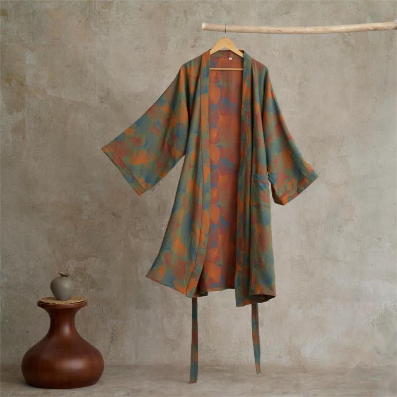 Ginkgo Leaf Print Cotton Kimono Robe - L - image 0