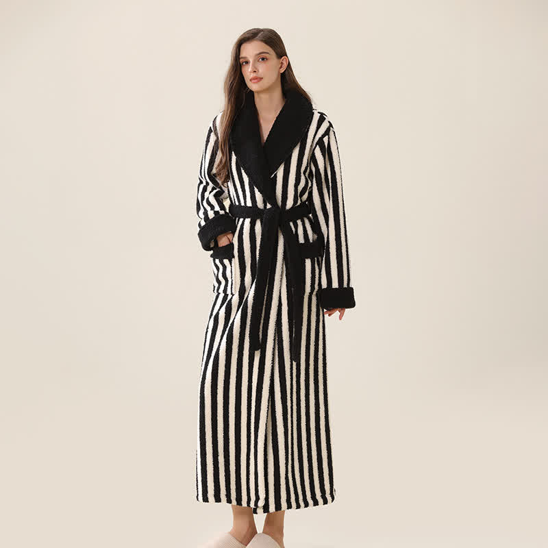 Unisex Striped Fleece Warm Long Robe - Black & White - XL - image 4
