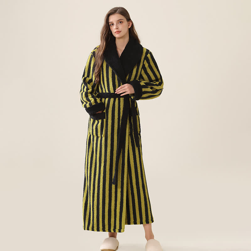 Unisex Striped Fleece Warm Long Robe - Black & Green - XL - image 6