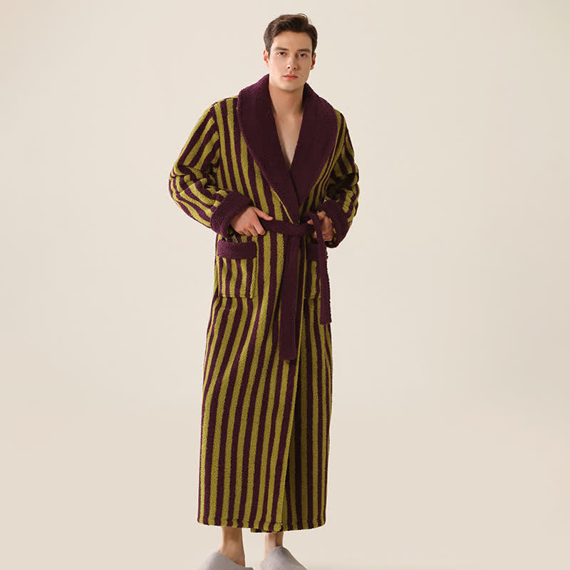 Unisex Striped Fleece Warm Long Robe - image 9