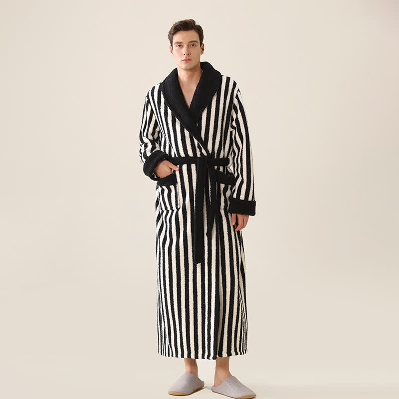Unisex Striped Fleece Warm Long Robe - image 5