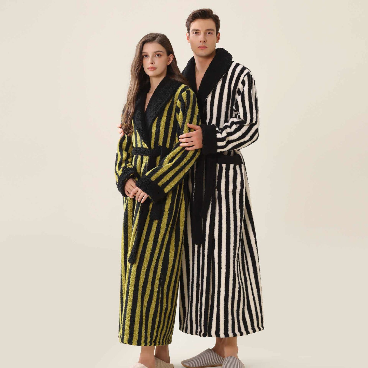 Unisex Striped Fleece Warm Long Robe - image 2