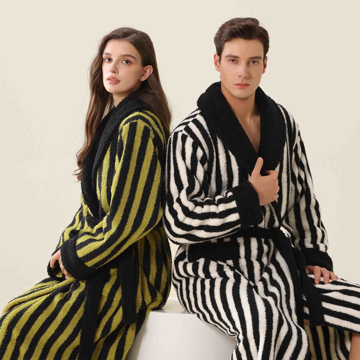 Unisex Striped Fleece Warm Long Robe - image 3