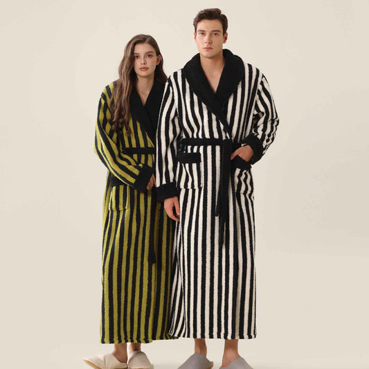 Unisex Striped Fleece Warm Long Robe - image 1