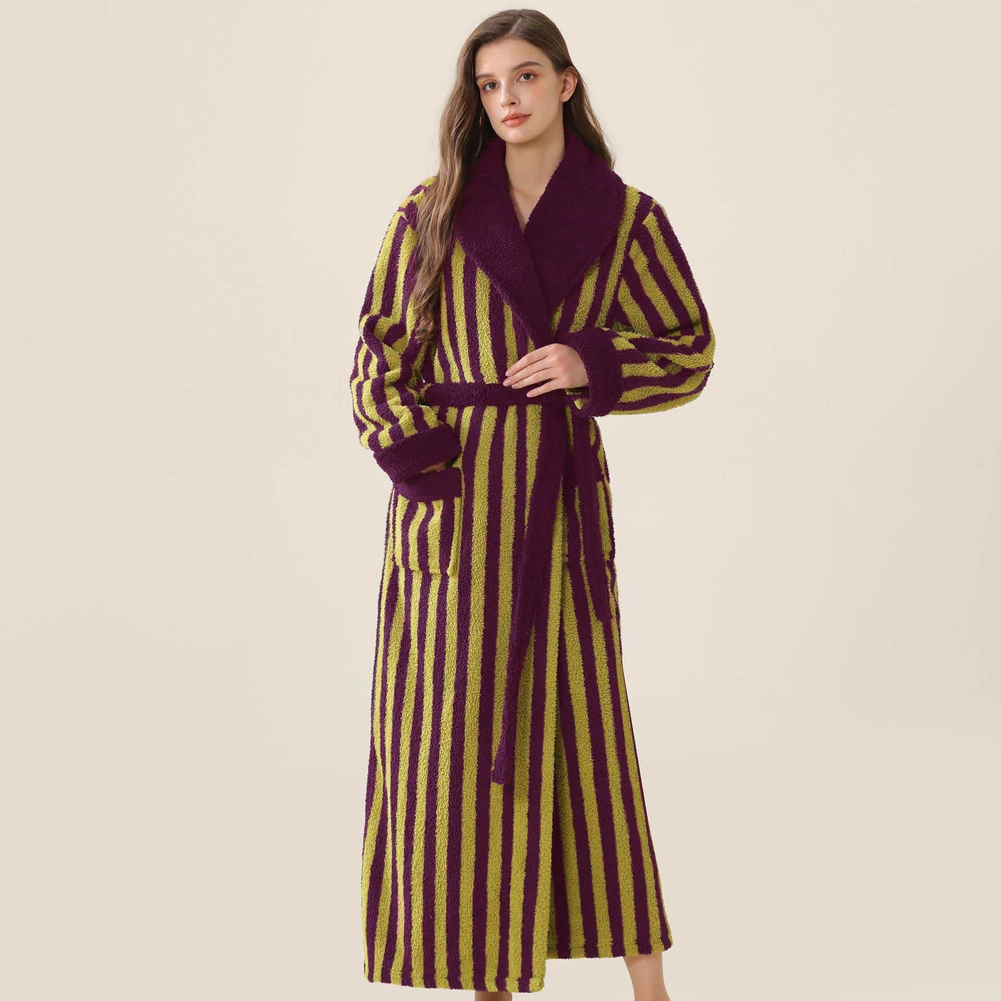 Unisex Striped Fleece Warm Long Robe - Purple & Green - XL - image 8