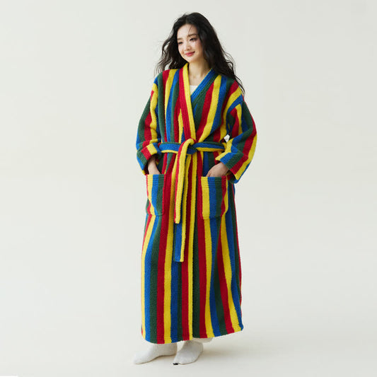 Contrast Stripe Plush Warm Robe - Multicolor - XL - image 1